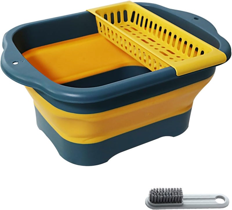 ZINSO 2.77 Gallon (10.5L) Collapsible Dish Basin with Drain Plug, Yellow Camping Dish Basin for RV, Space-Saving Foldable Wash Tub, BPA-Free Portable Sink for Vegetables and Dishes- with Brush - Image 1